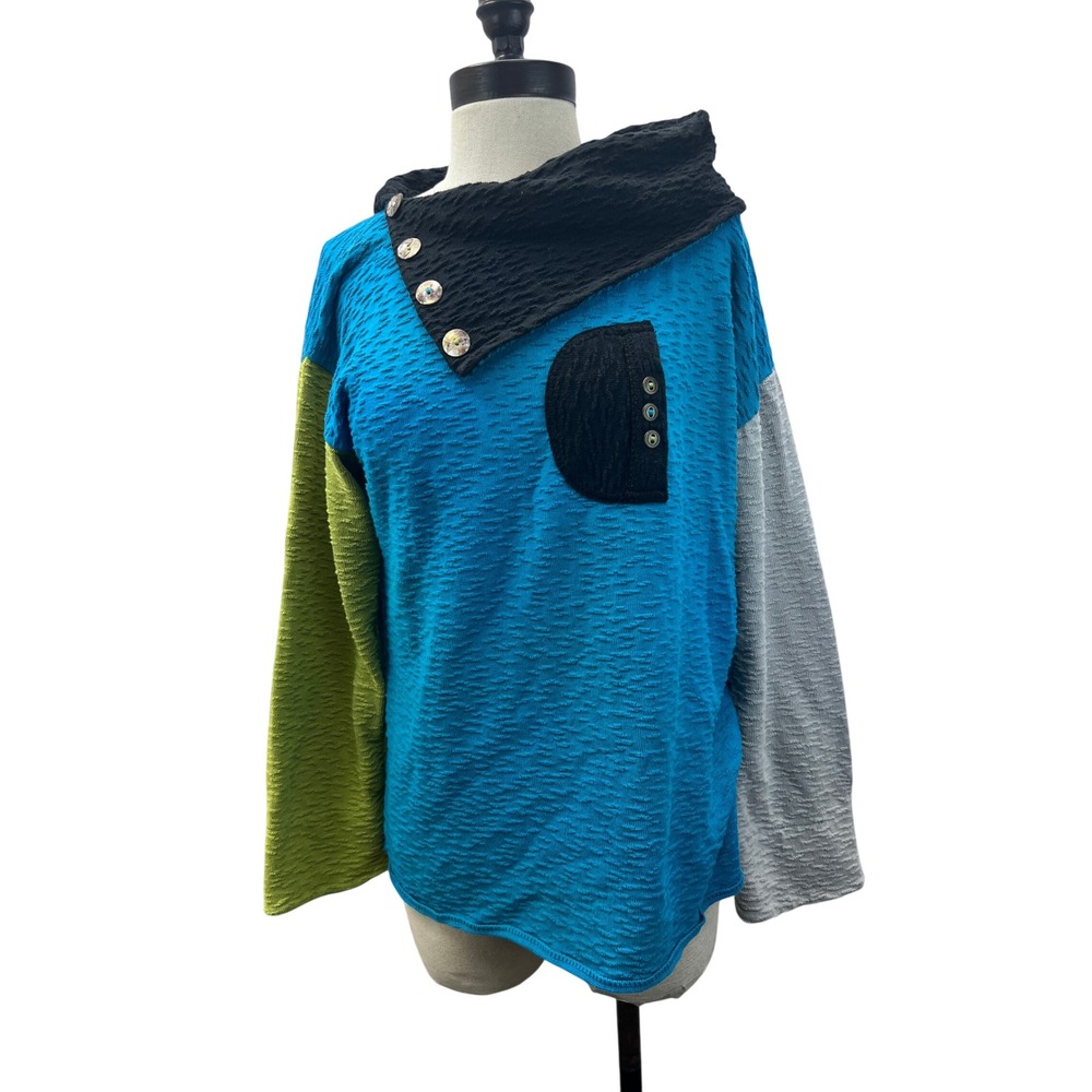 Margaret Winters Colorblock Knit Top Womens Small Blue Green Cowl Neck Excellent